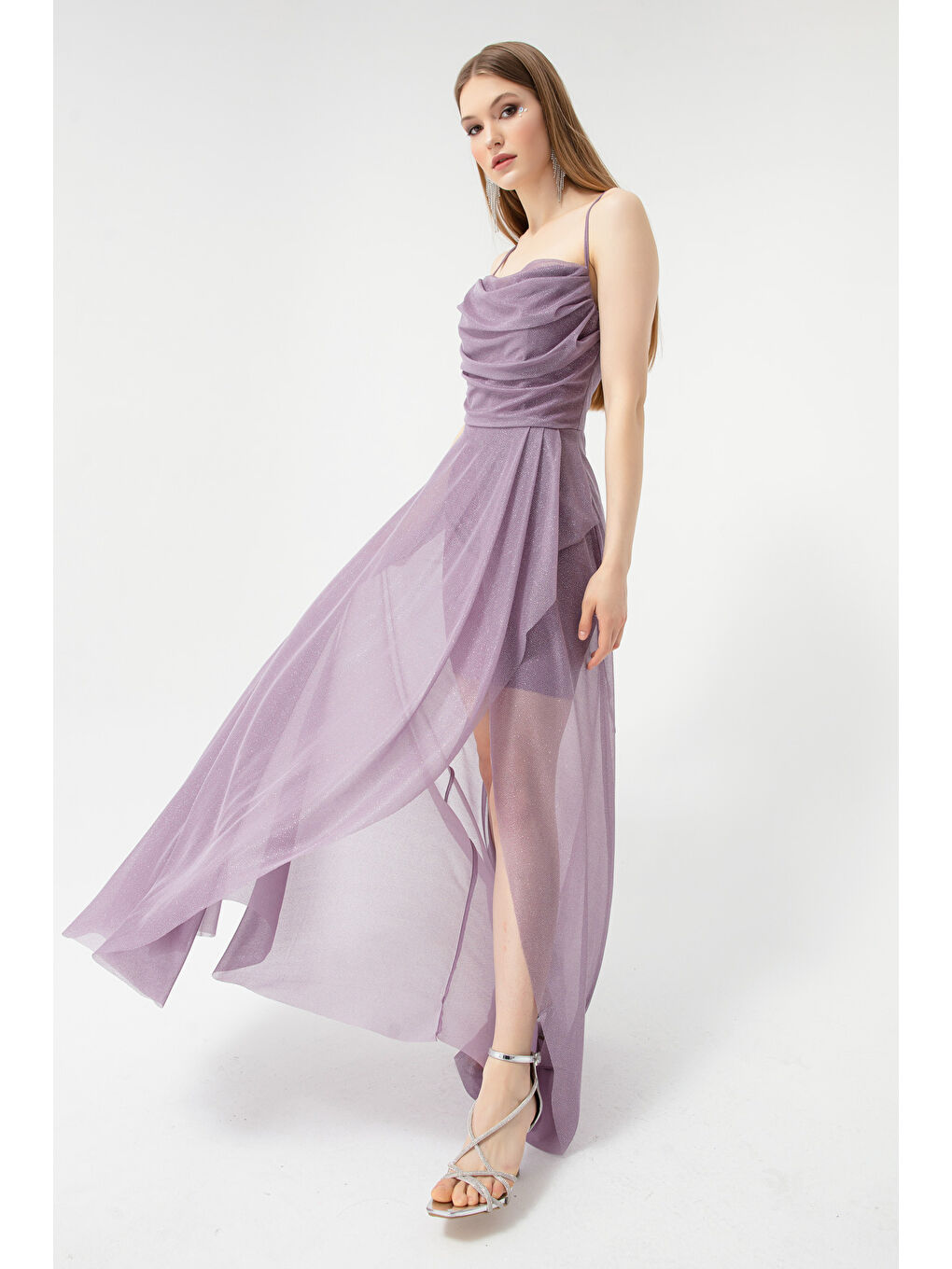 Lila Kadın Lavanta Göğüs Drapeli Volanlı Simli Abiye