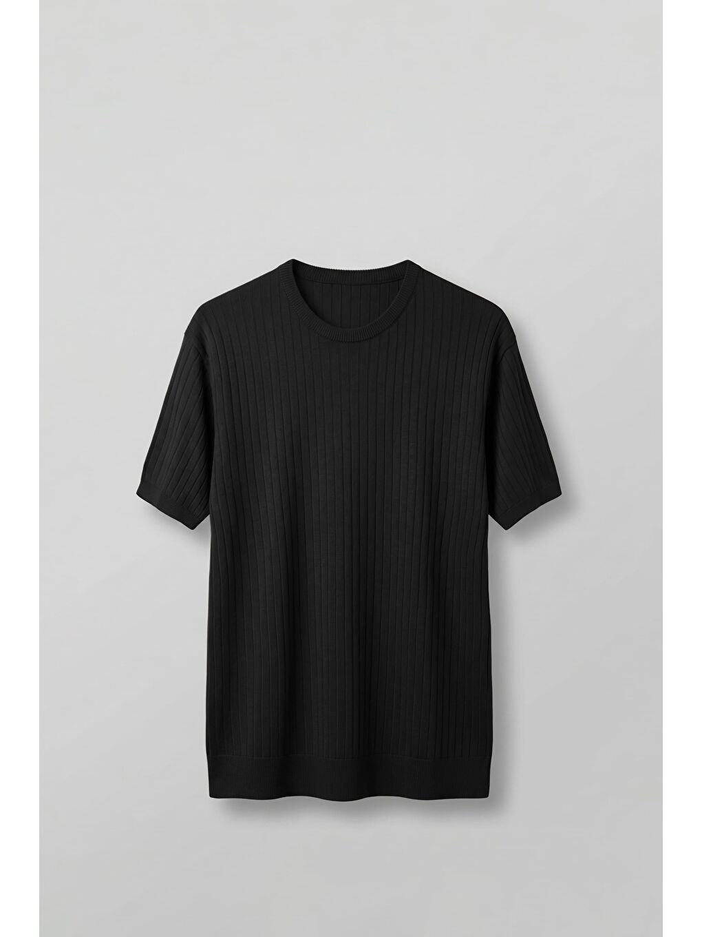 Erkek Regular Fit Fitilli Triko Bisiklet Yaka T-Shirt Siyah