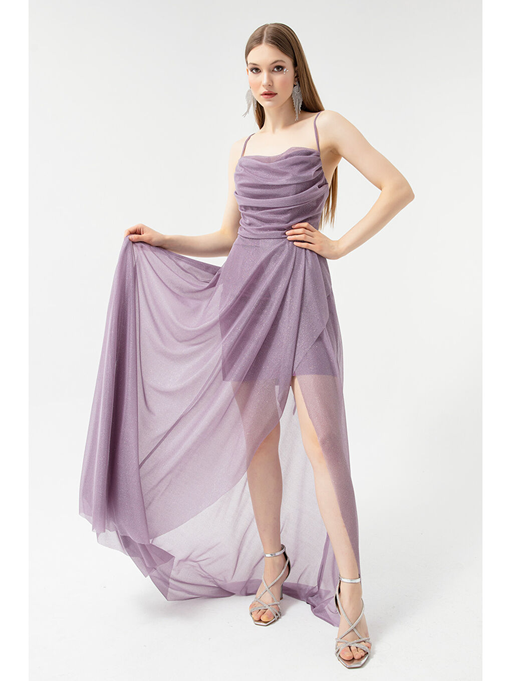 Lila Kadın Lavanta Göğüs Drapeli Volanlı Simli Abiye-1