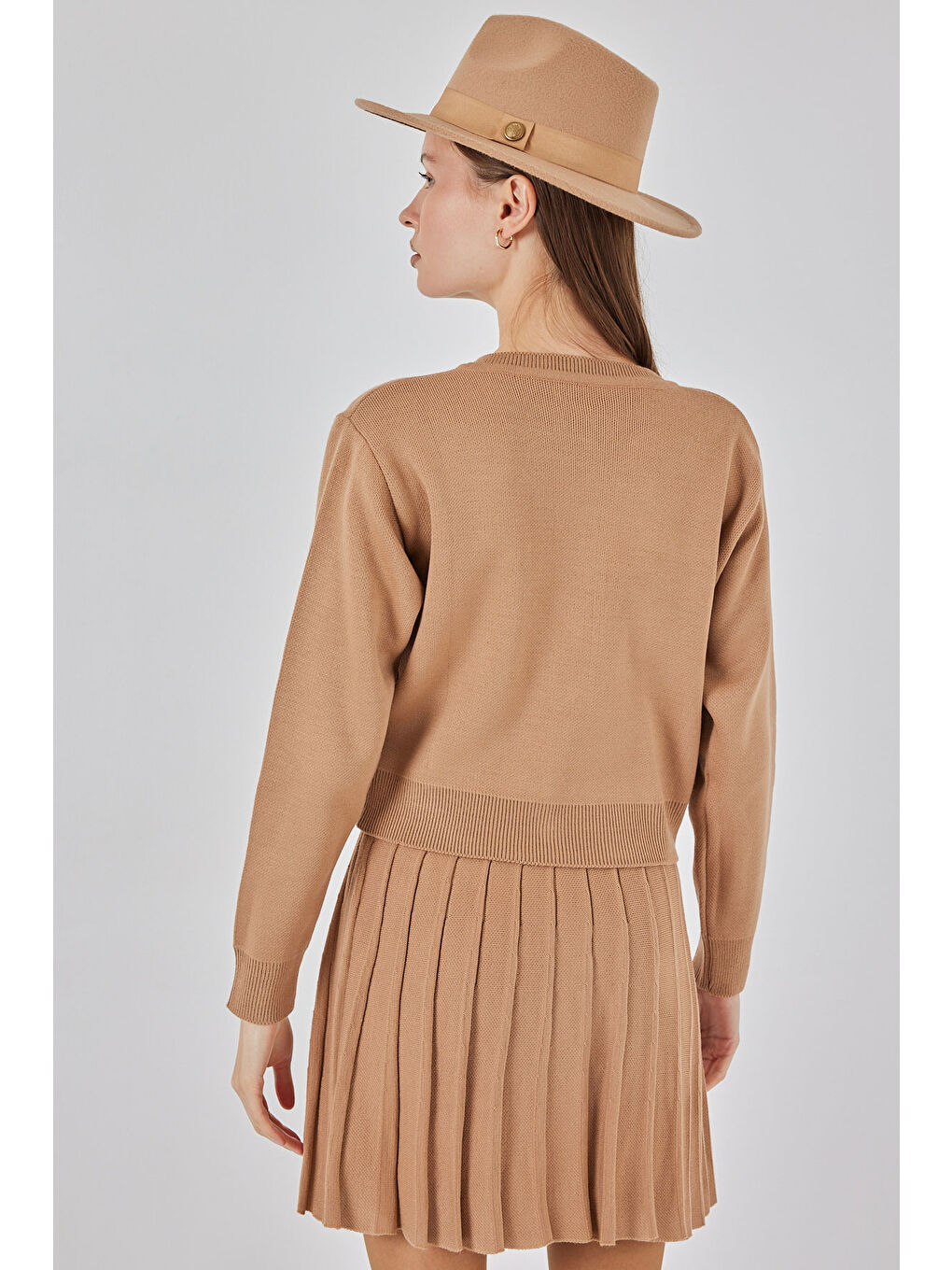 Bej Kadın Triko Hırka Etek İkili Takım 15942 - Bisküvi-5