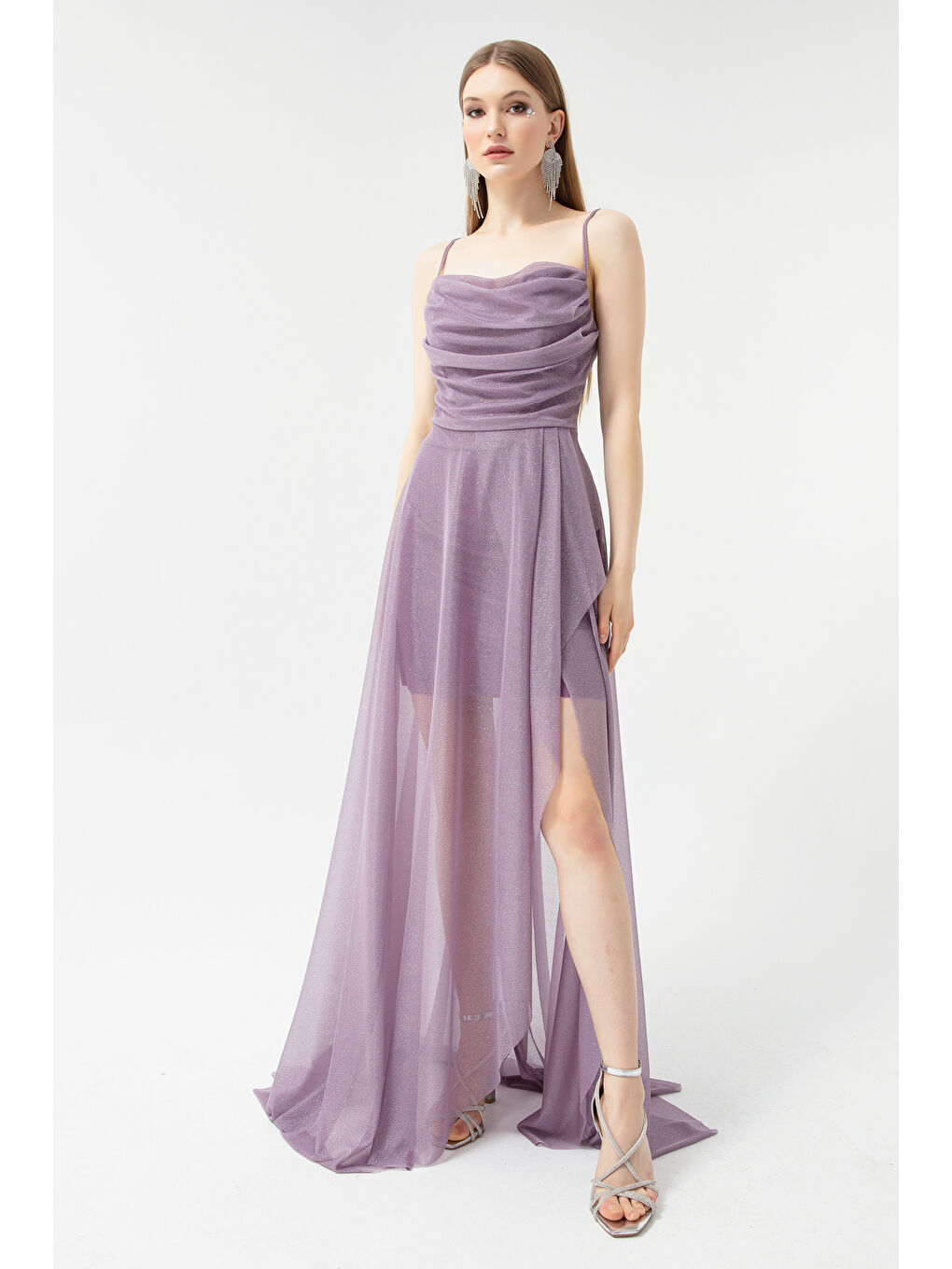 Lila Kadın Lavanta Göğüs Drapeli Volanlı Simli Abiye-2