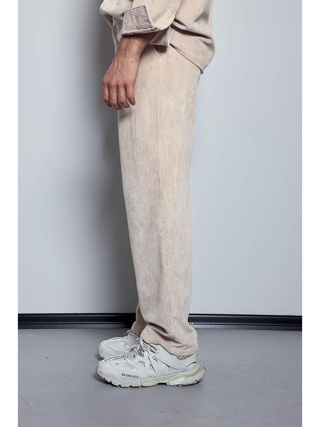 Bej Erkek Kadife Dokulu Baggy Fit Pantolon Taş Rengi-3