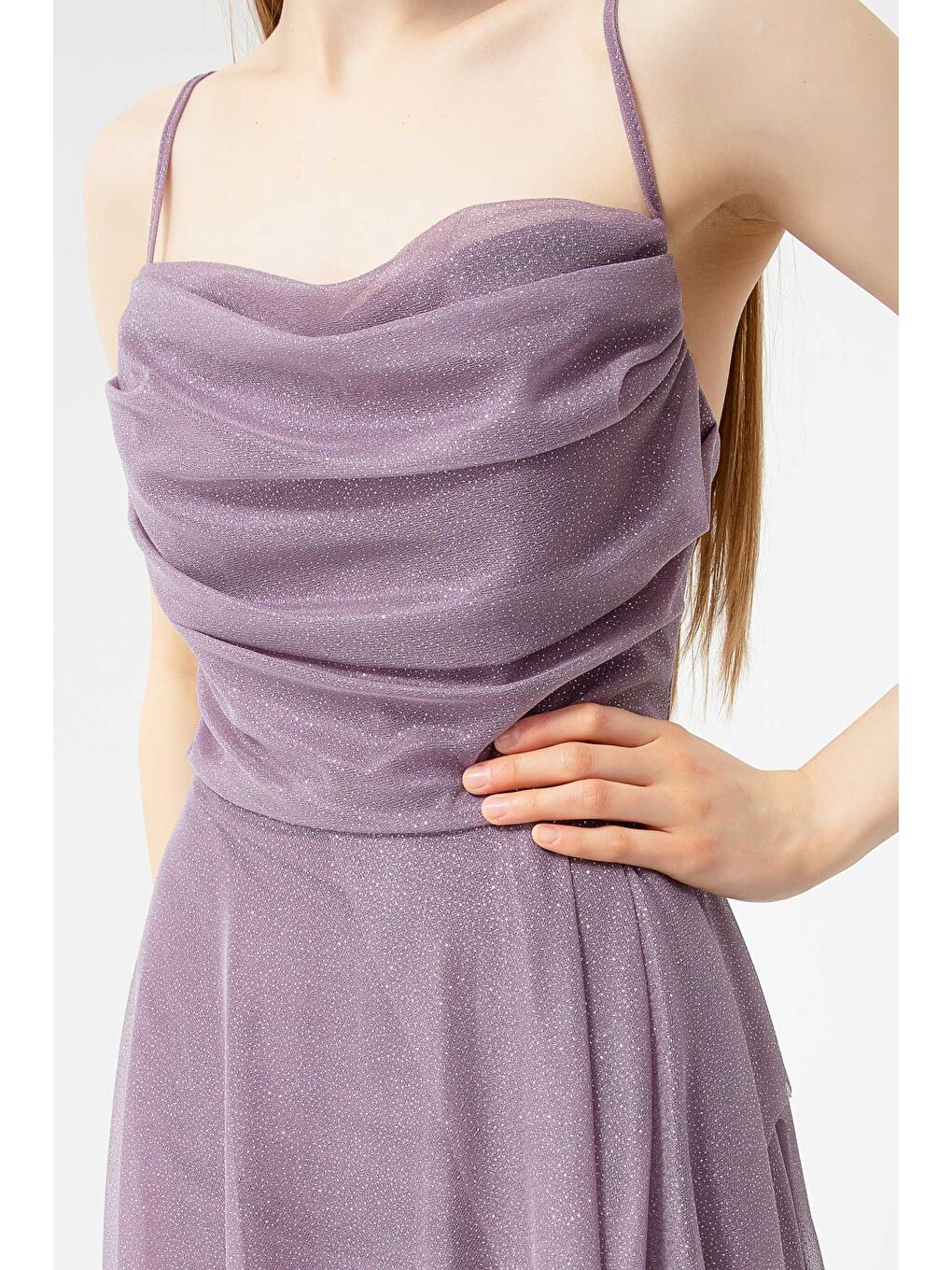 Lila Kadın Lavanta Göğüs Drapeli Volanlı Simli Abiye-3