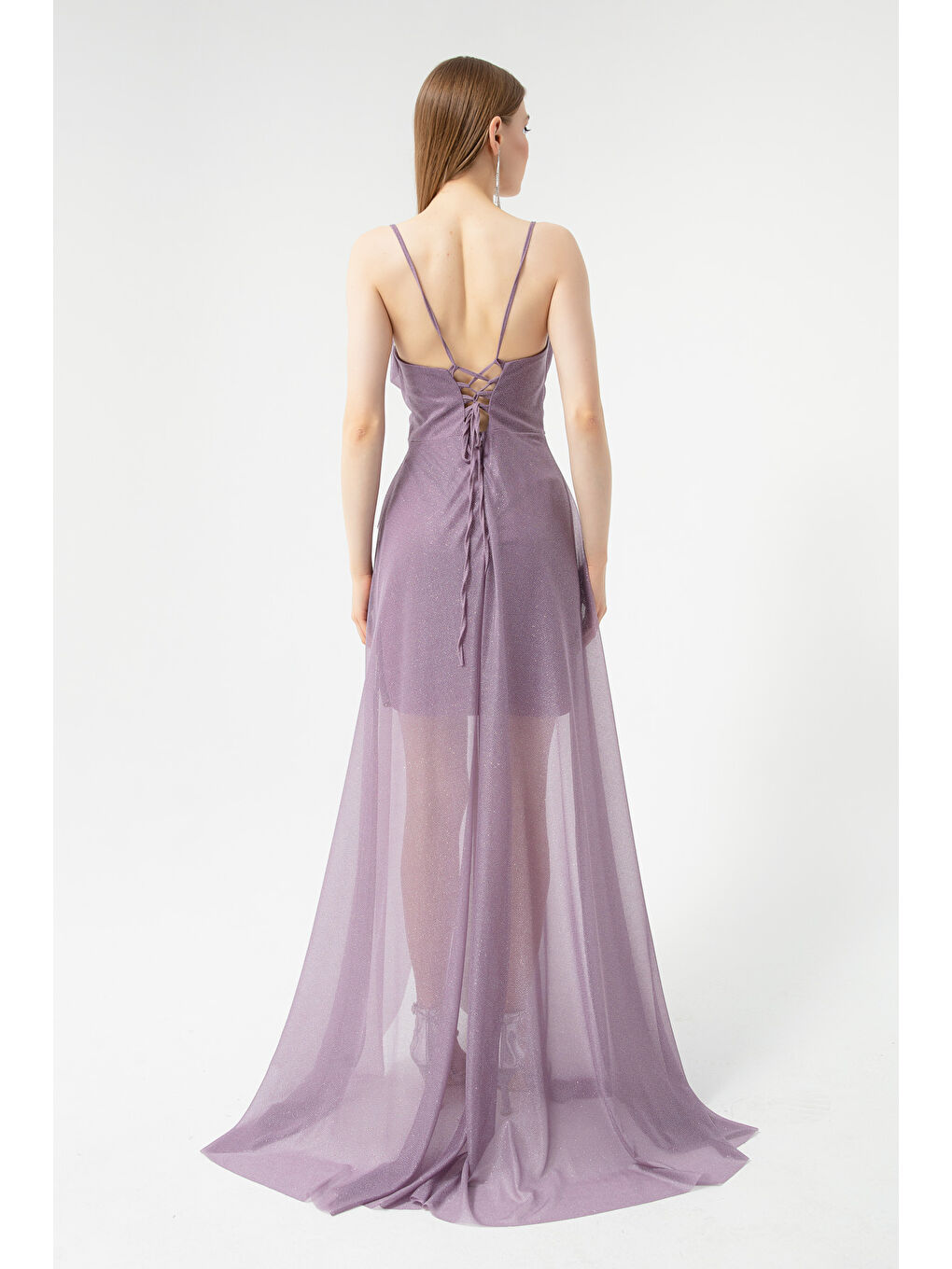 Lila Kadın Lavanta Göğüs Drapeli Volanlı Simli Abiye-4