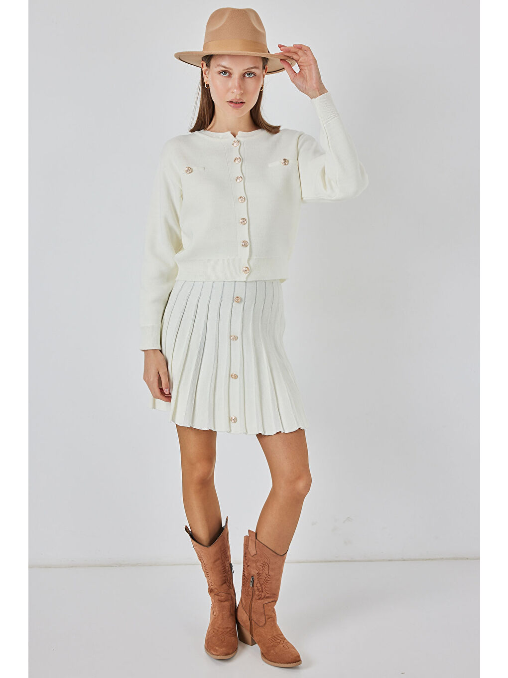 Kadın Triko Hırka Etek İkili Takım 15942 - Ekru-1