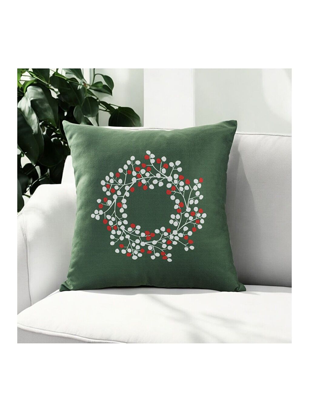 Yeşil Yılbaşı Kırlent Kılıfı Yeni Yıl Ağacı Çiçekli Noel Mutlu Yıllar 43X43