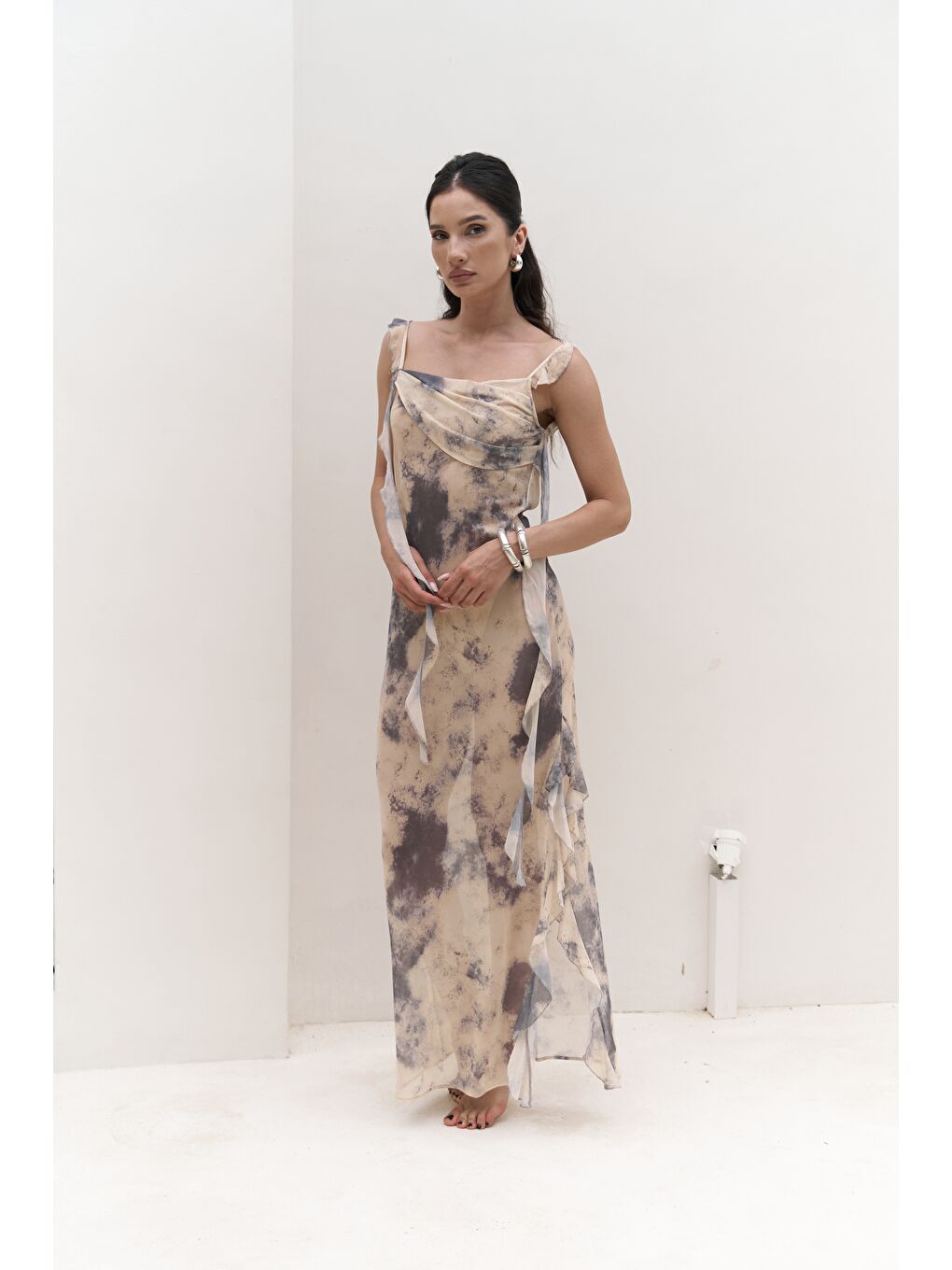 Magi Fırfır Detay Sarı Uzun Elbise-2