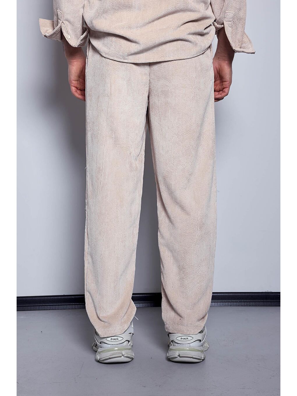 Bej Erkek Kadife Dokulu Baggy Fit Pantolon Taş Rengi-4