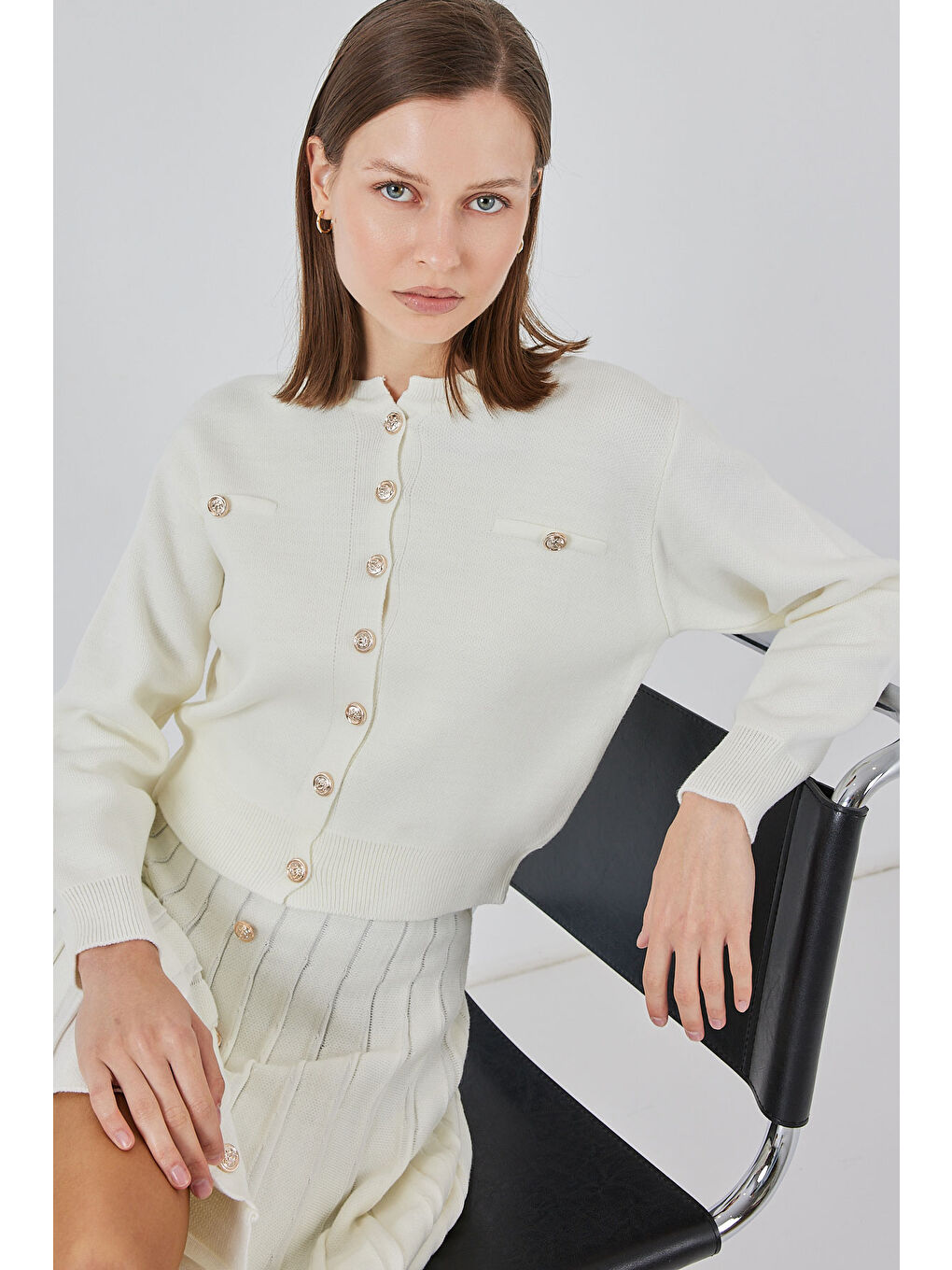 Kadın Triko Hırka Etek İkili Takım 15942 - Ekru-2