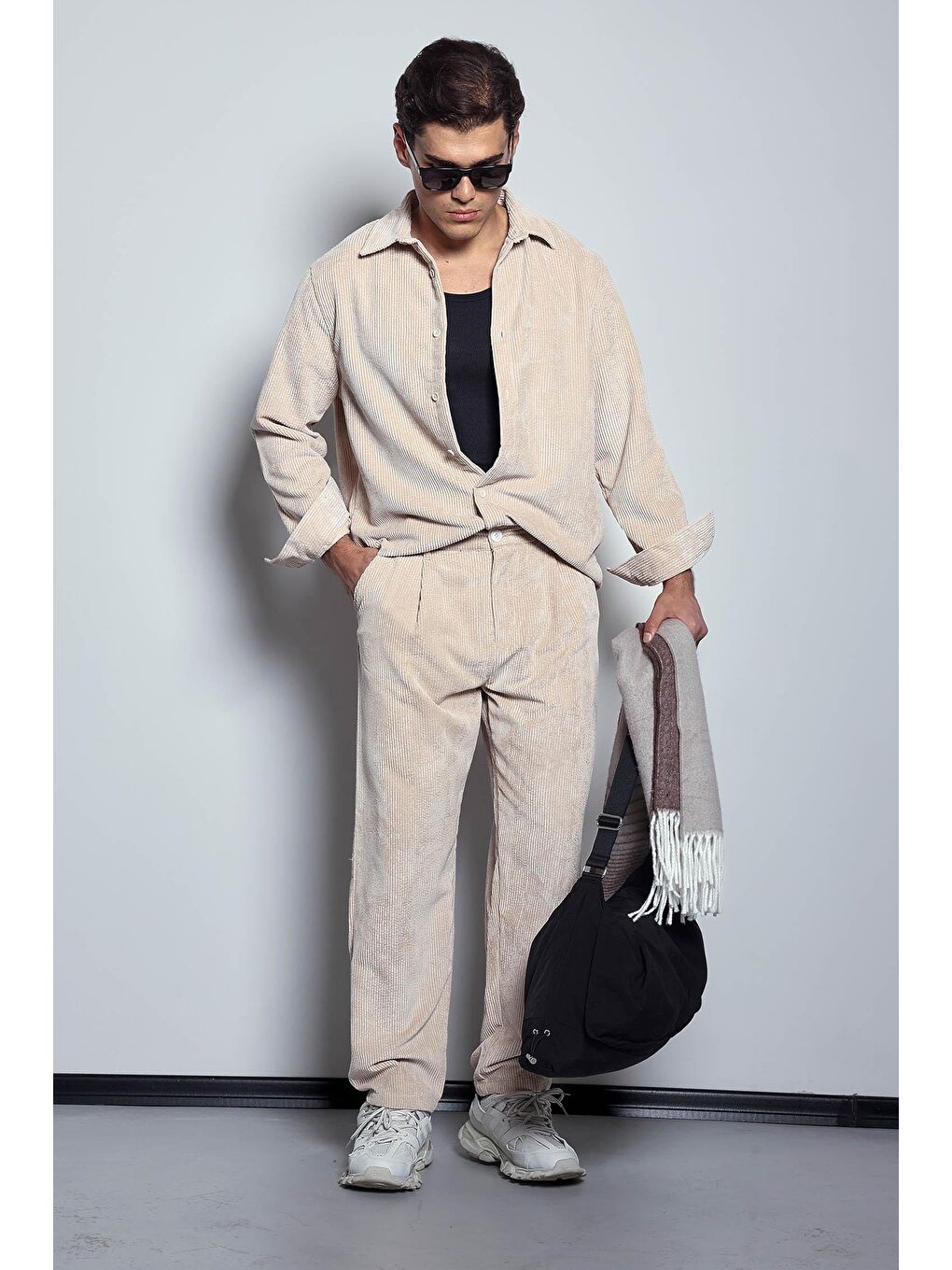 Bej Erkek Kadife Dokulu Baggy Fit Pantolon Taş Rengi-5