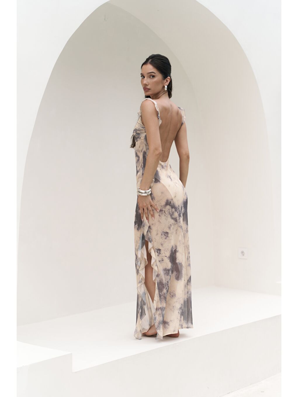 Magi Fırfır Detay Sarı Uzun Elbise-4