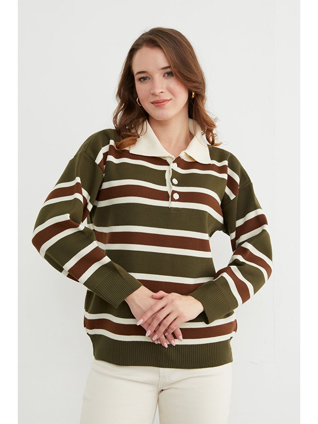 Haki Şeritli Yarım Düğmeli Polo Yaka Triko Kazak-1