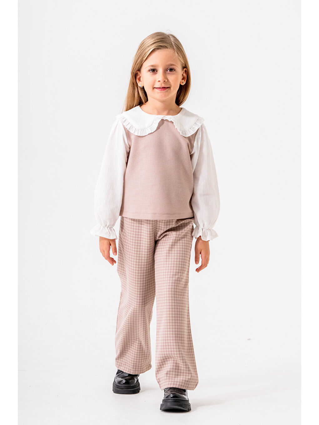 Pembe Ekose Pantolonlu Kız Çocuk Takım 3-7 Yaş Gül 3716-1