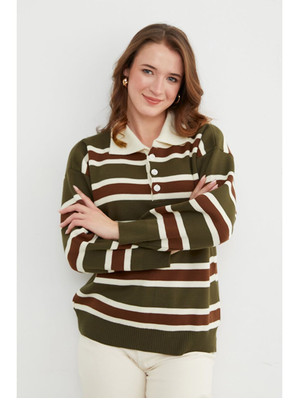 Haki Şeritli Yarım Düğmeli Polo Yaka Triko Kazak-2
