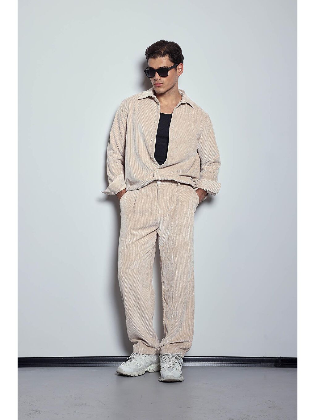 Bej Erkek Kadife Dokulu Baggy Fit Pantolon Taş Rengi-6