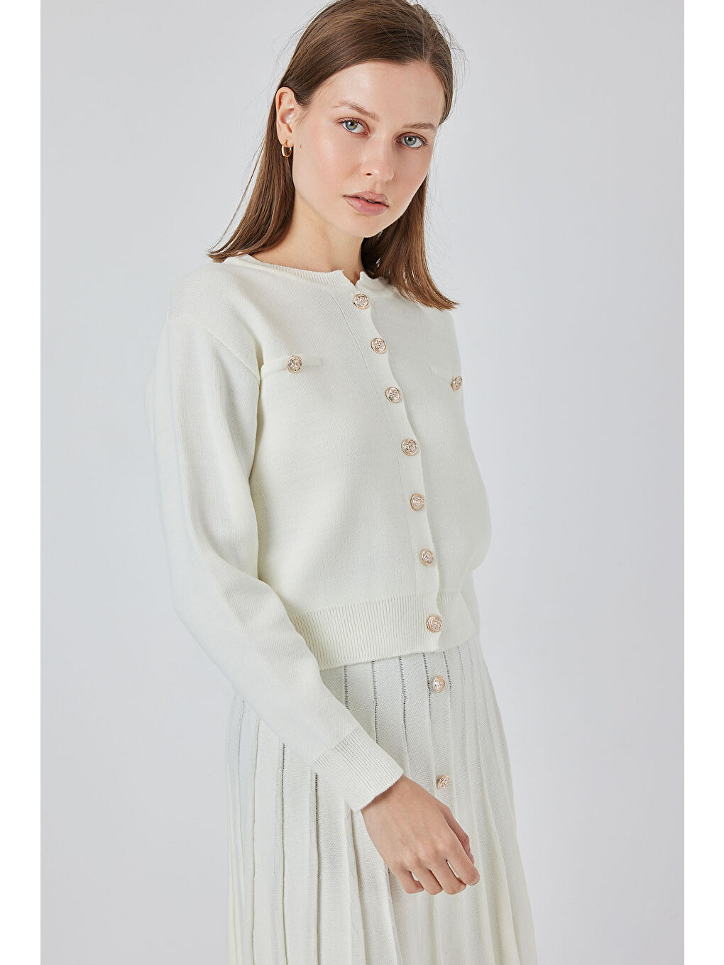 Kadın Triko Hırka Etek İkili Takım 15942 - Ekru-3