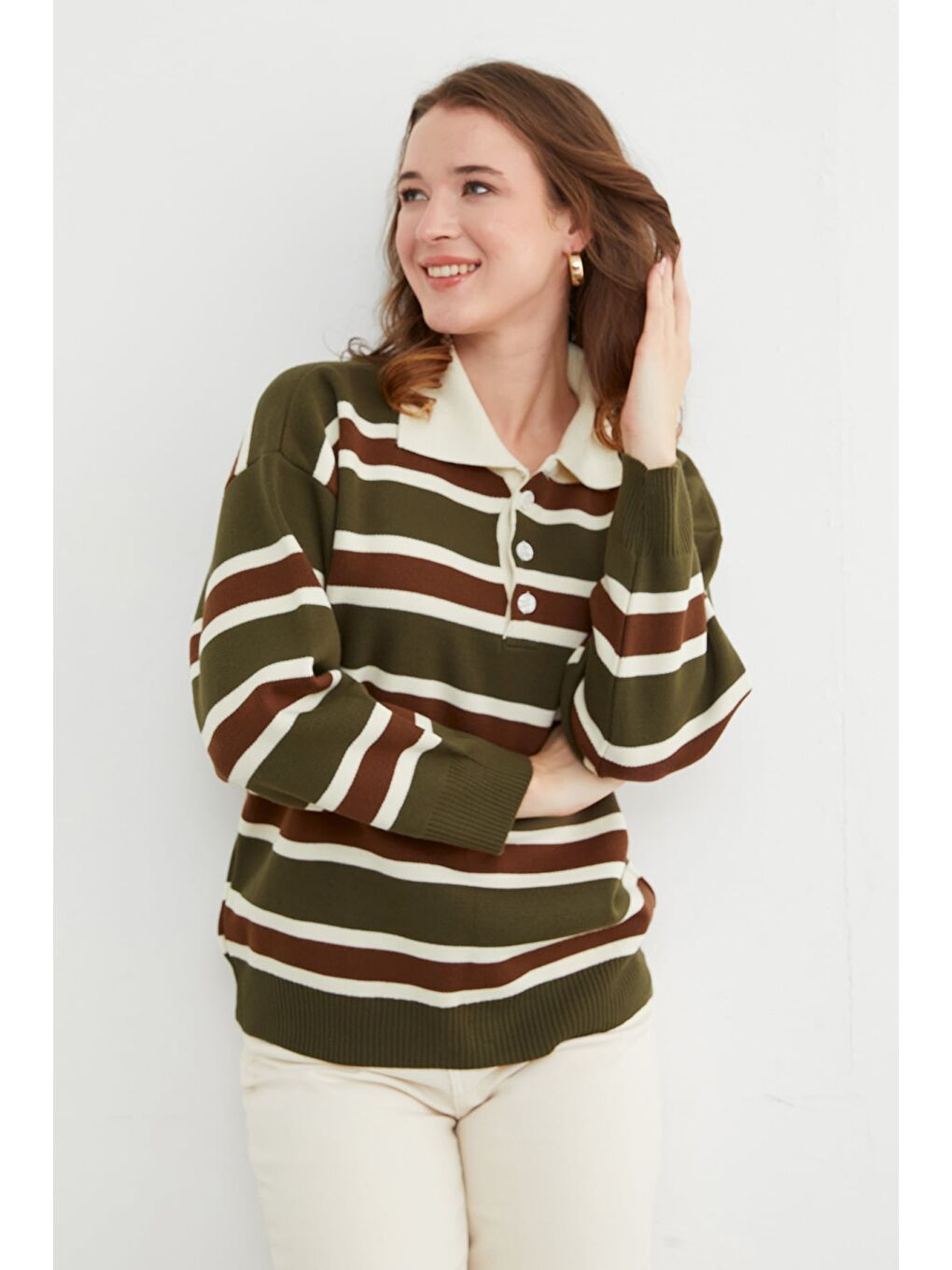 Haki Şeritli Yarım Düğmeli Polo Yaka Triko Kazak-3