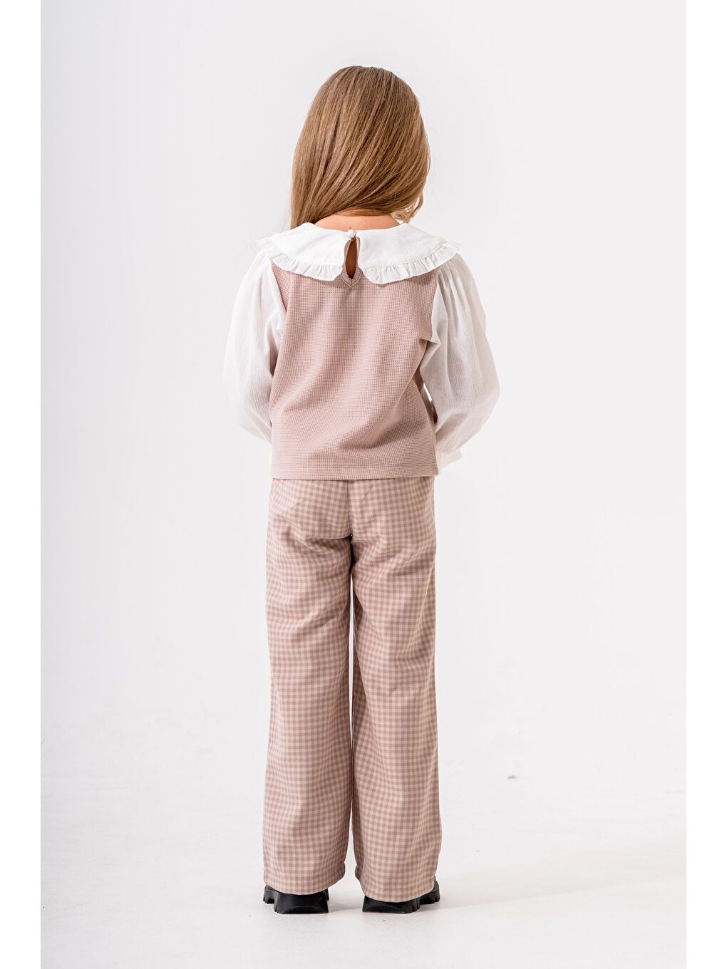 Pembe Ekose Pantolonlu Kız Çocuk Takım 3-7 Yaş Gül 3716-1-1