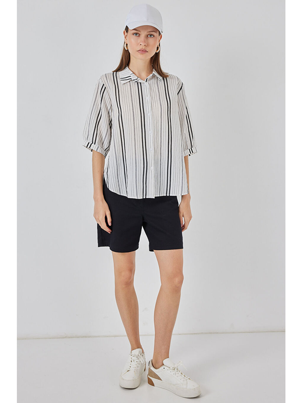 Bej Kadın Çizgili Kısa Kol Gömlek 20345 - Taş-1