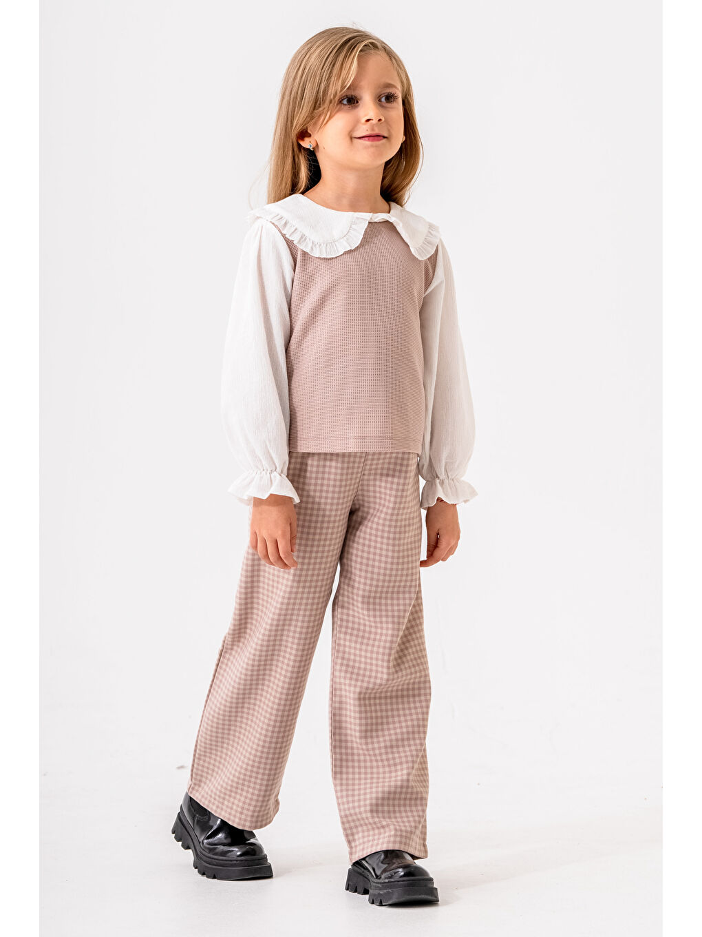 Pembe Ekose Pantolonlu Kız Çocuk Takım 3-7 Yaş Gül 3716-1-2