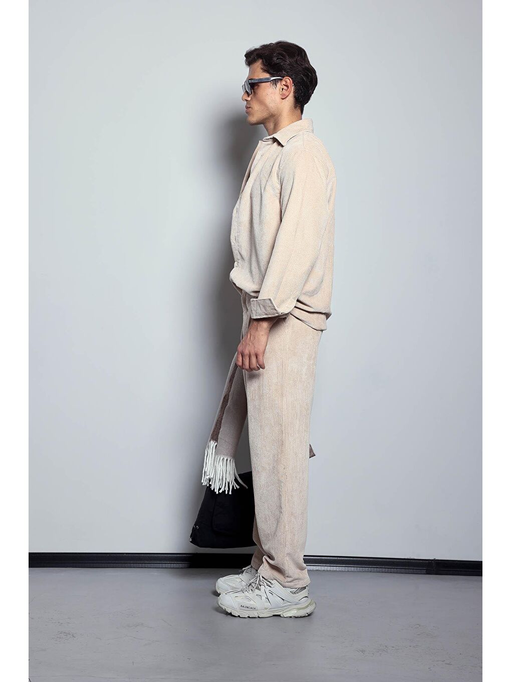 Bej Erkek Kadife Dokulu Baggy Fit Pantolon Taş Rengi-7