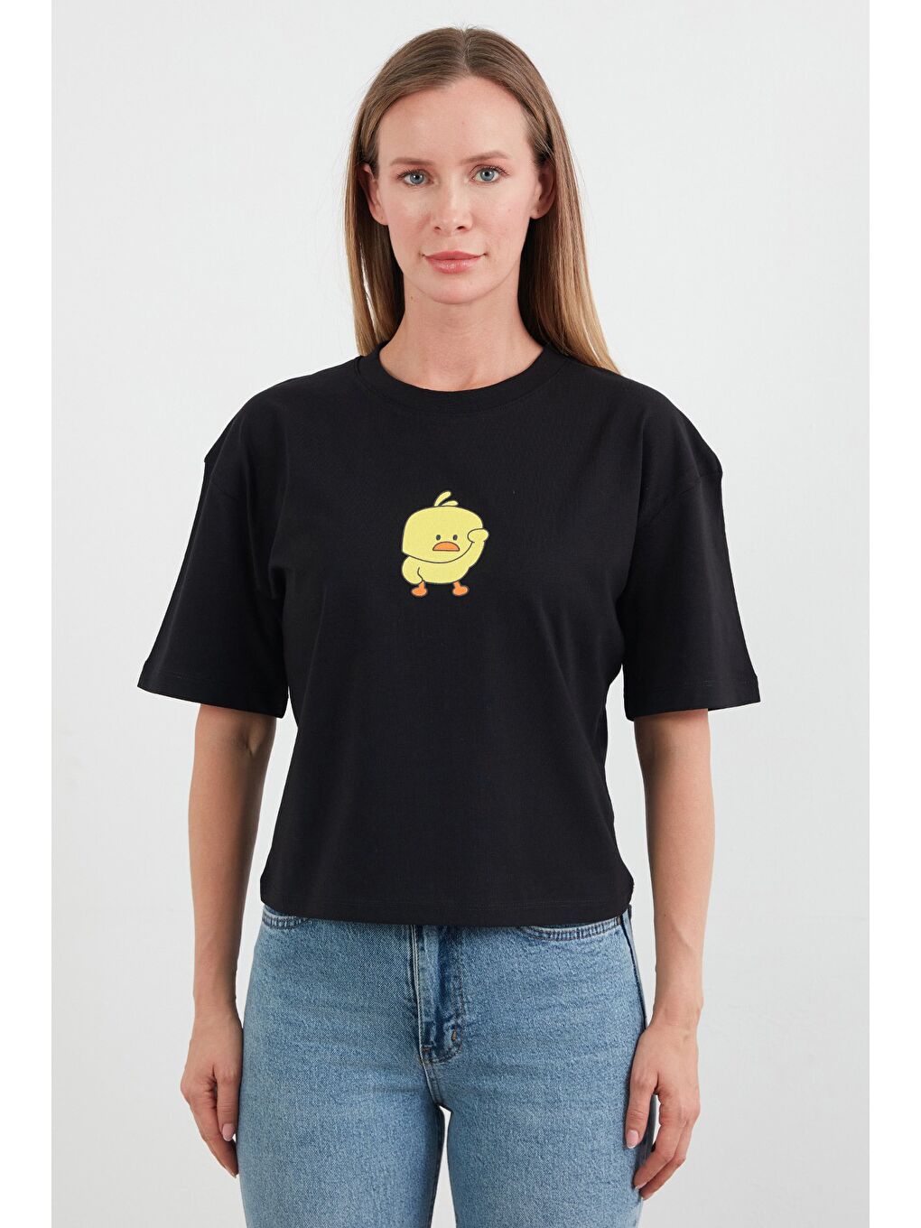 Siyah Civciv Baskılı Kısa Kol Tişört-4