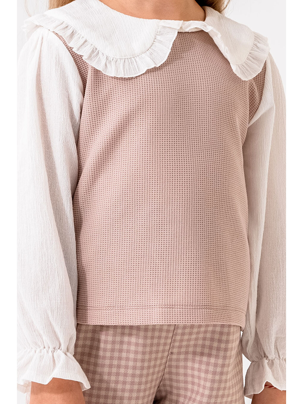 Pembe Ekose Pantolonlu Kız Çocuk Takım 3-7 Yaş Gül 3716-1-3