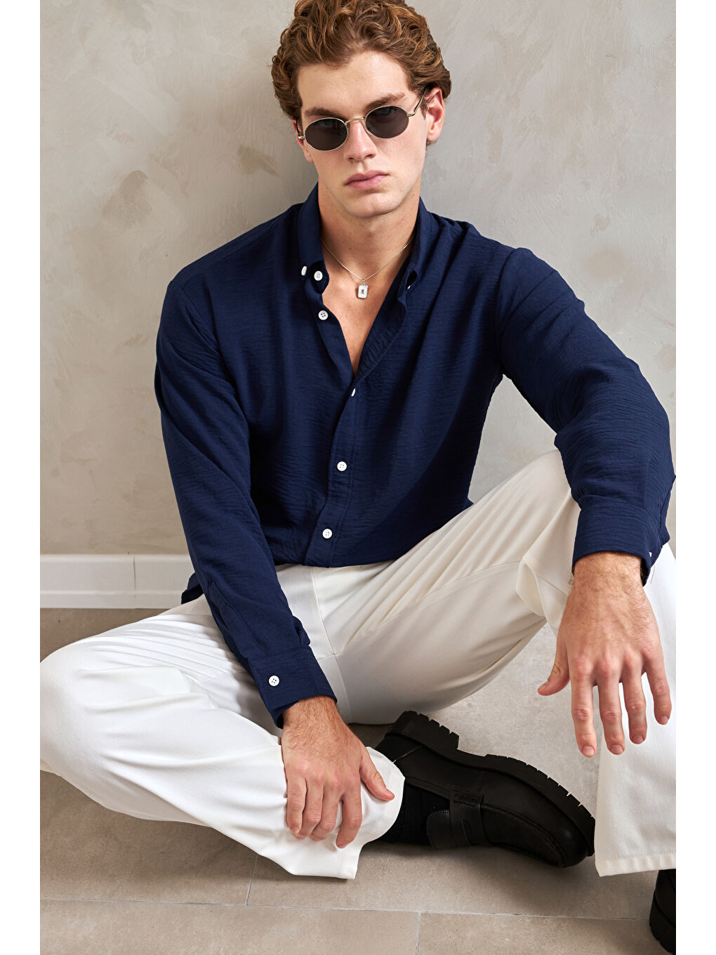 Lacivert Erkek Oversize Kesim Aerobin Gömlek-1