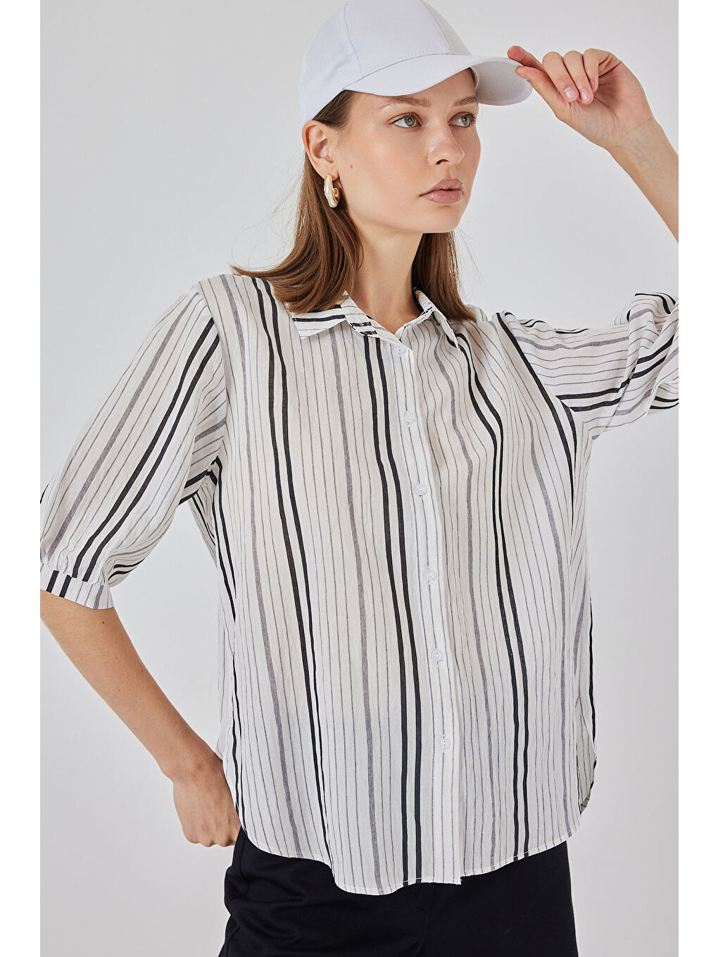 Bej Kadın Çizgili Kısa Kol Gömlek 20345 - Taş-2