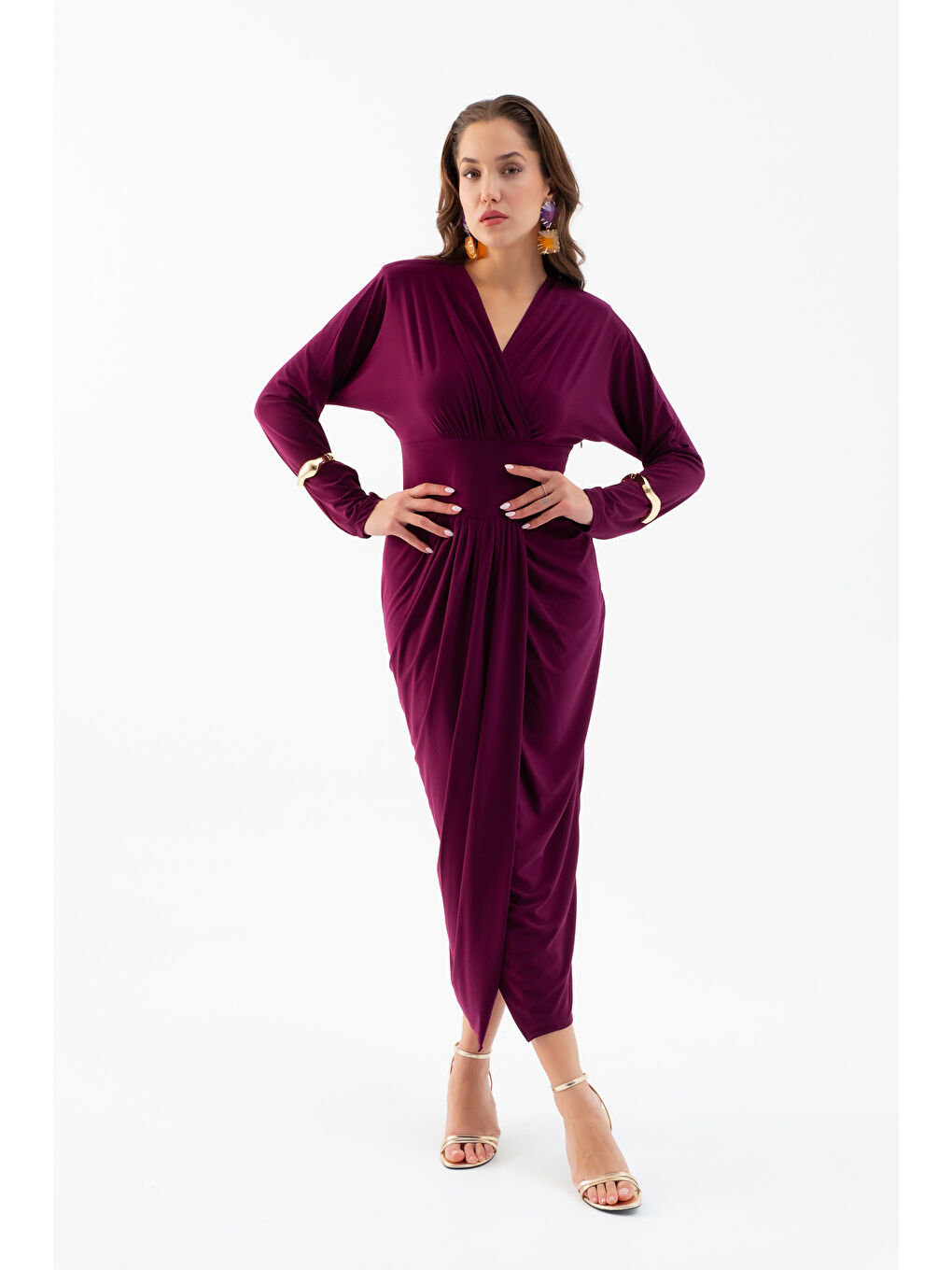 Kadın Mürdüm V Yaka Midi Elbise-1