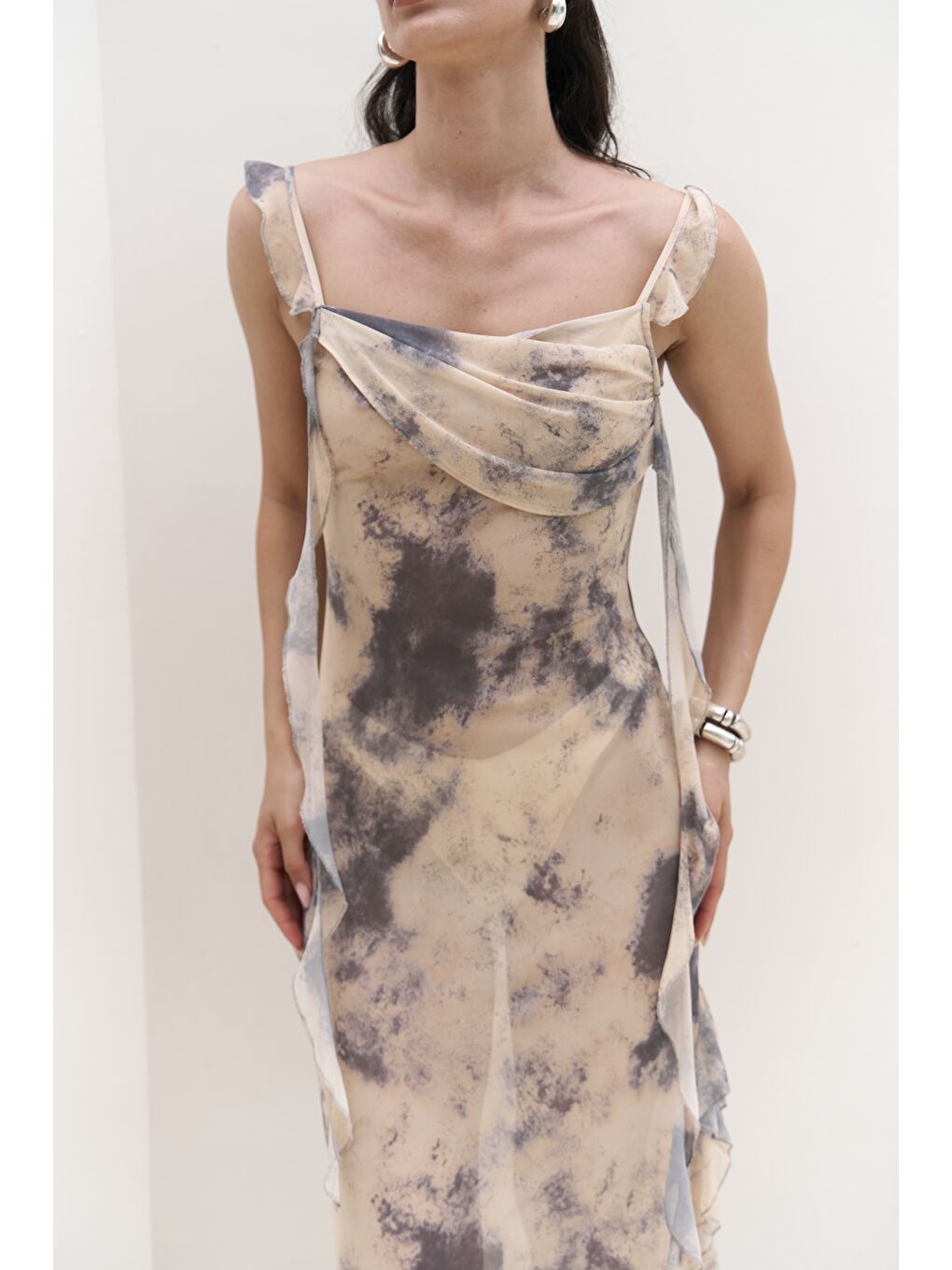 Magi Fırfır Detay Sarı Uzun Elbise-6