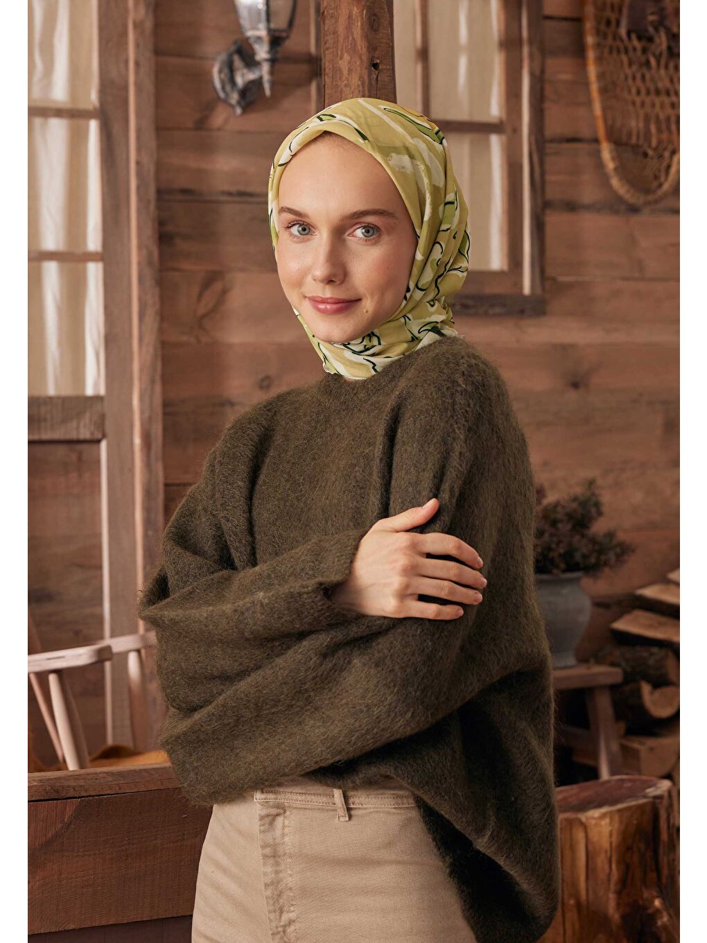 Yeşil Aspen Desen Pamuk İpek Eşarp Adaçayı