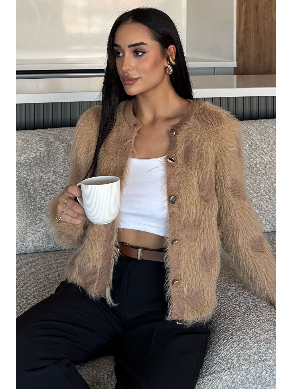 Ekru Kadın Ön Düğmeli Sakallı Triko Ceket (s-m-l Uyumludur)