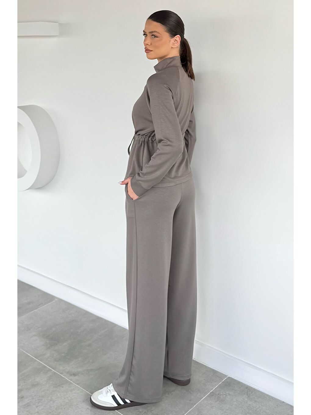 Bej Kadın Bel Büzgülü Kemerli Sweat Pantolon İkili Takım-2