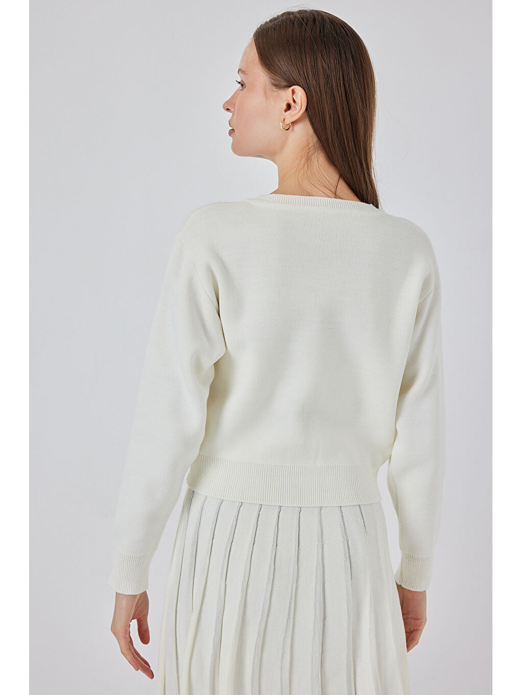 Kadın Triko Hırka Etek İkili Takım 15942 - Ekru-5