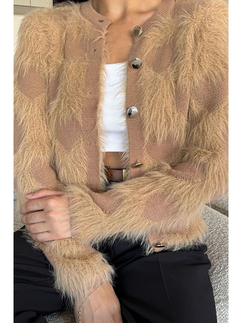 Ekru Kadın Ön Düğmeli Sakallı Triko Ceket (s-m-l Uyumludur)-1