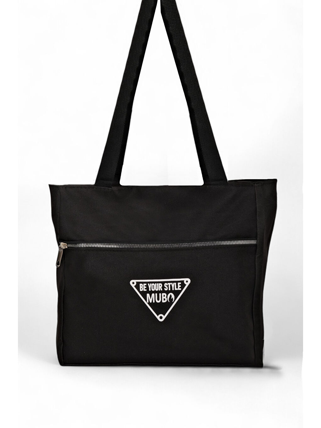 Kadın Siyah Önü Fermuarlı Yazılı El, Kol ve Omuz Çantası