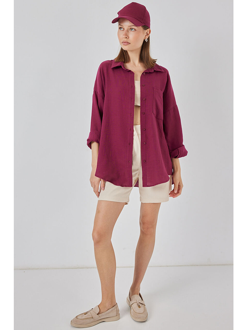 Kadın Tek Cepli Oversize Müslin Gömlek 20353 - Mürdüm-1