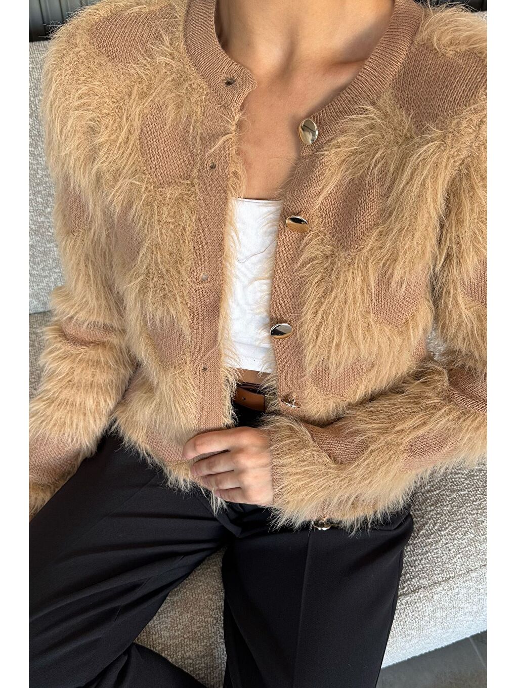 Ekru Kadın Ön Düğmeli Sakallı Triko Ceket (s-m-l Uyumludur)-2