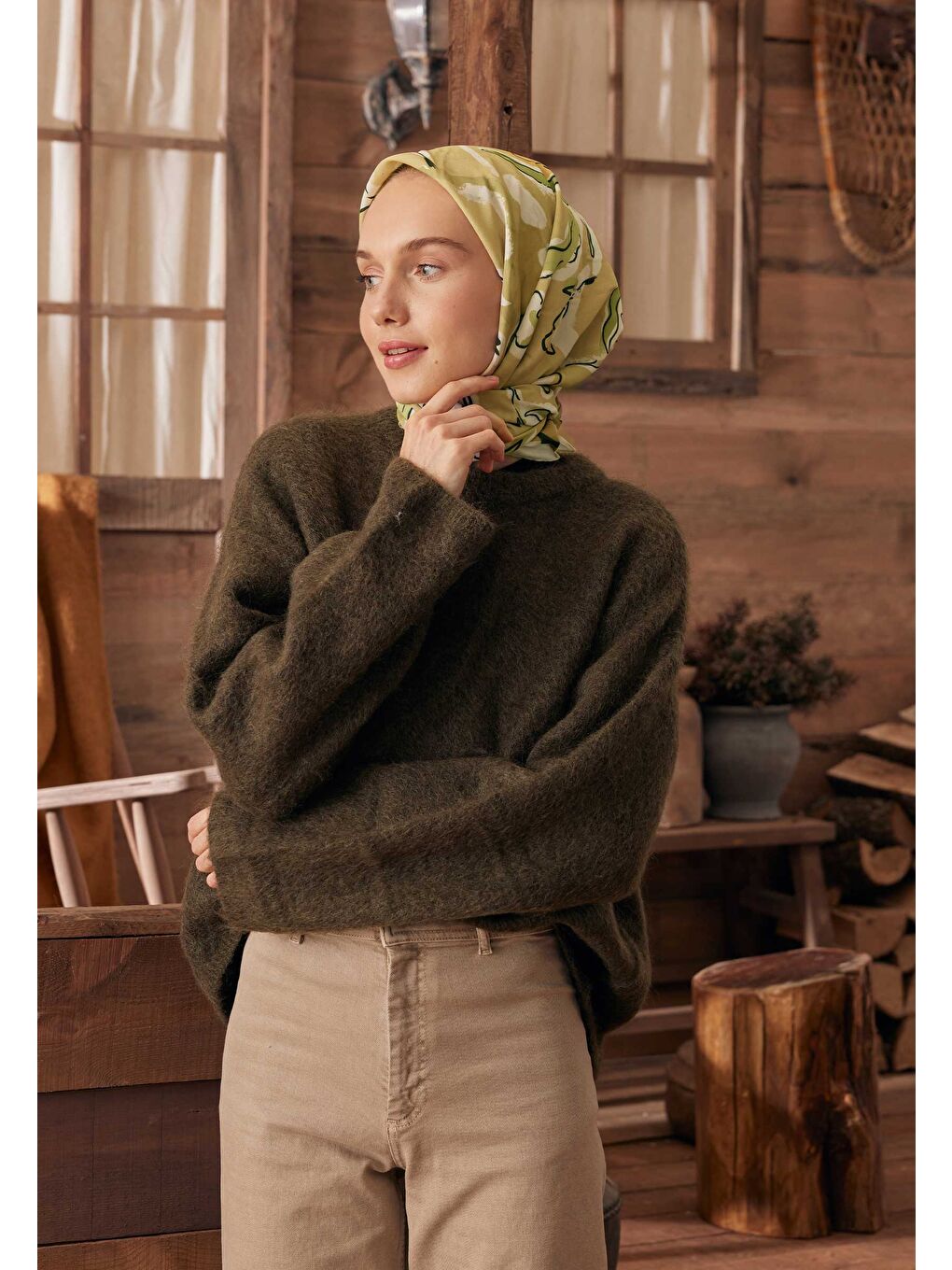 Yeşil Aspen Desen Pamuk İpek Eşarp Adaçayı-1