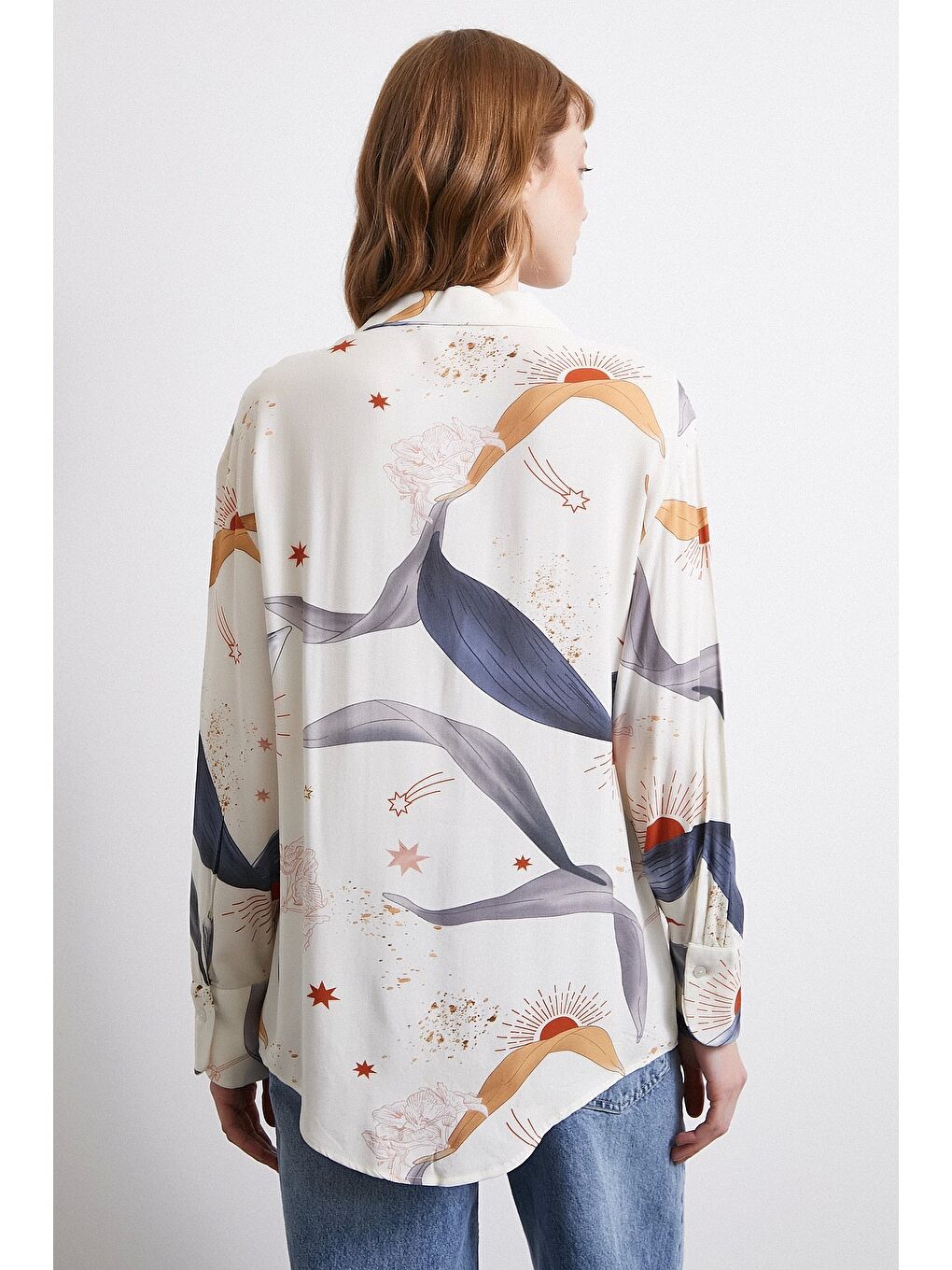 V Yakalı Desenli Gömlek Ekru-5