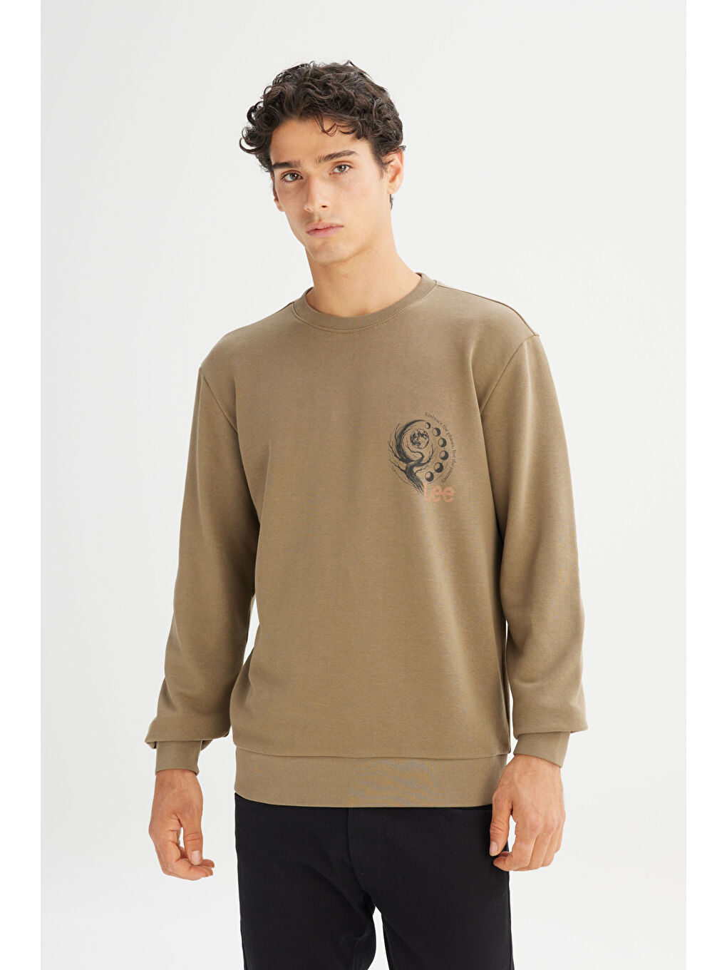 Regular Fit Normal Kesim Bisiklet Yaka Baskılı Haki Sweatshirt