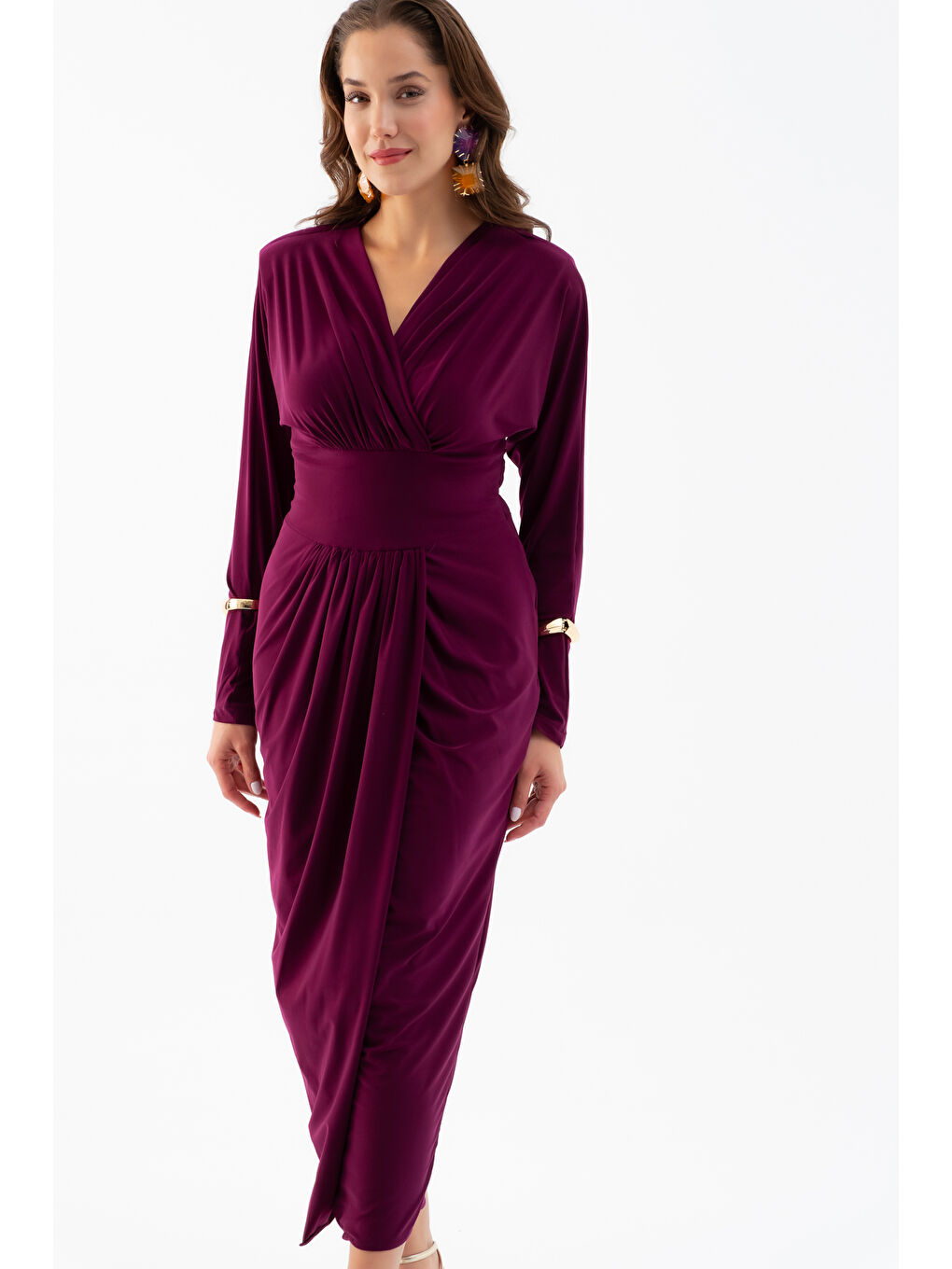 Kadın Mürdüm V Yaka Midi Elbise-2