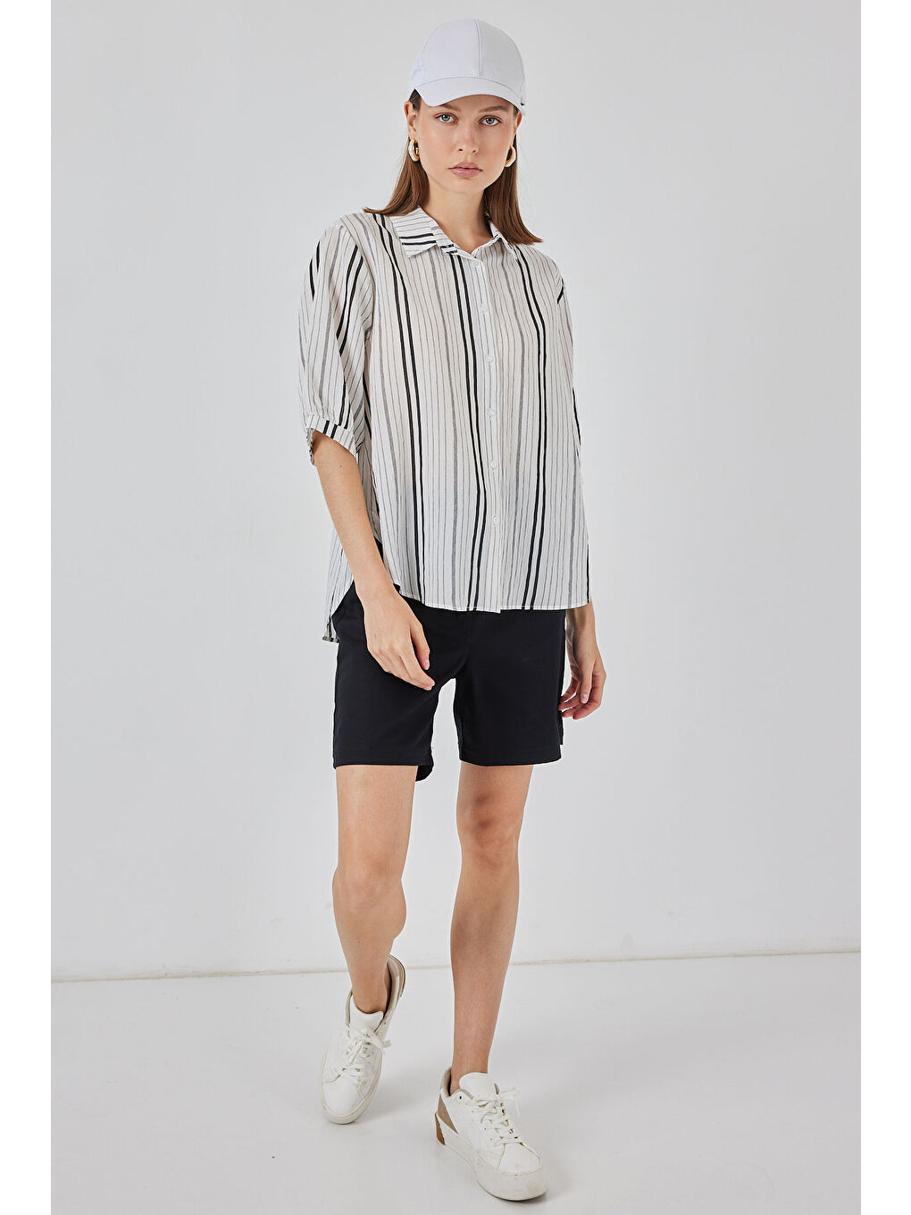 Bej Kadın Çizgili Kısa Kol Gömlek 20345 - Taş-4