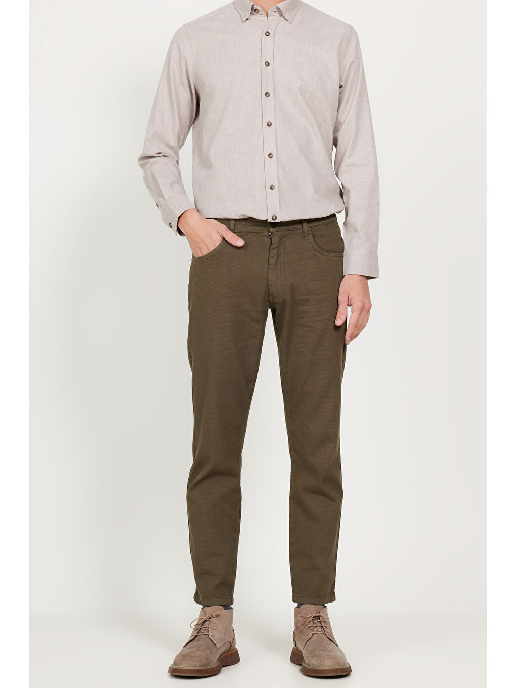 Erkek Haki Comfort Fit Rahat Kesim 5 Cep Armürlü Pamuklu Pantolon