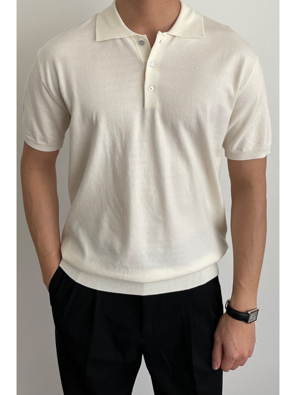 Erkek Beyaz Düğmeli Regular Fit Triko T-Shirt-1