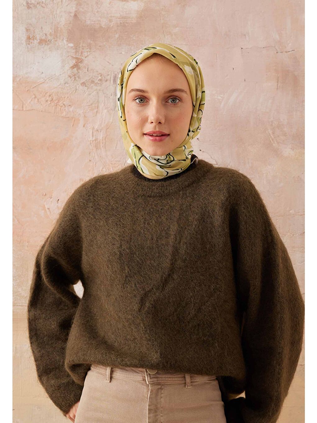 Yeşil Aspen Desen Pamuk İpek Eşarp Adaçayı-2