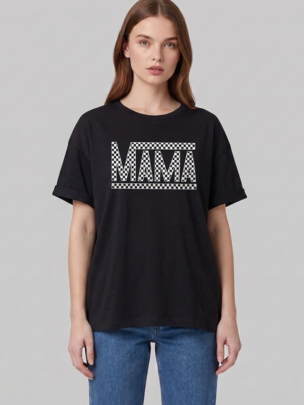 Kadın Dama Mama Baskı Organik Pamuk Relaxed Fit Yuvarlak Yaka Tişört Siyah