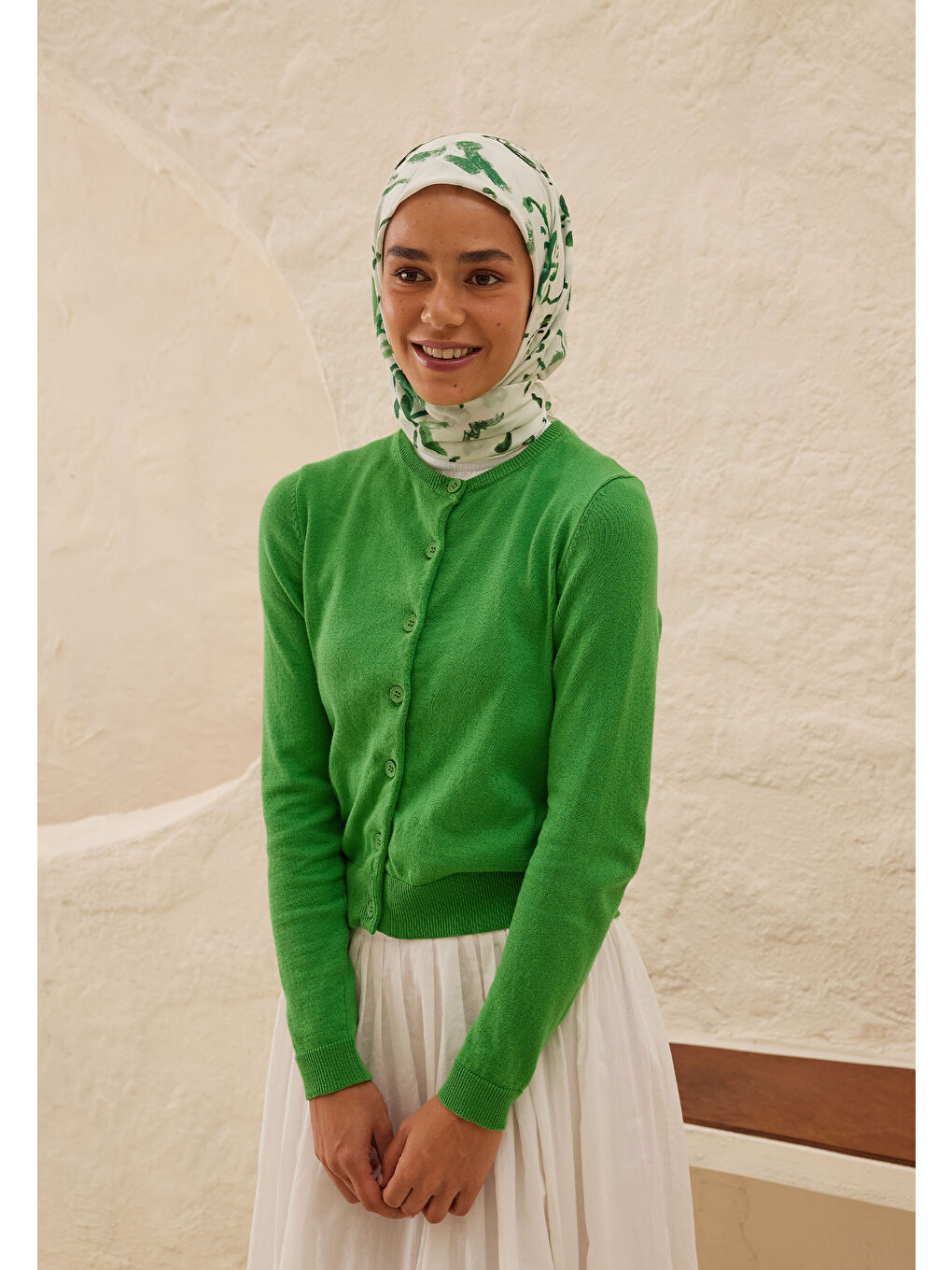 Amore Desen Pamuk Vual Eşarp Yeşil-1