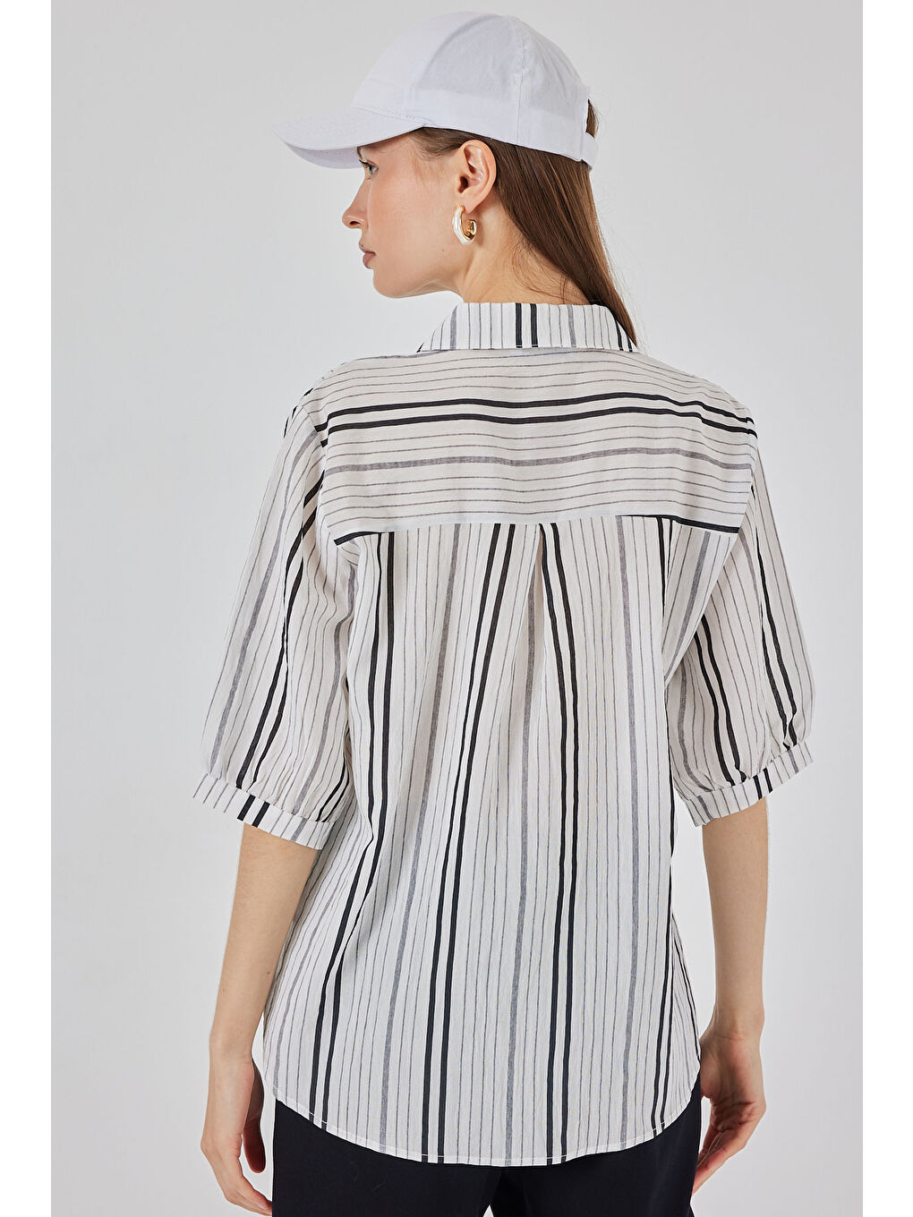 Bej Kadın Çizgili Kısa Kol Gömlek 20345 - Taş-5